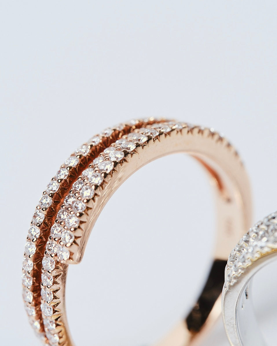 Triple row diamond band in yellow, rose, & white gold